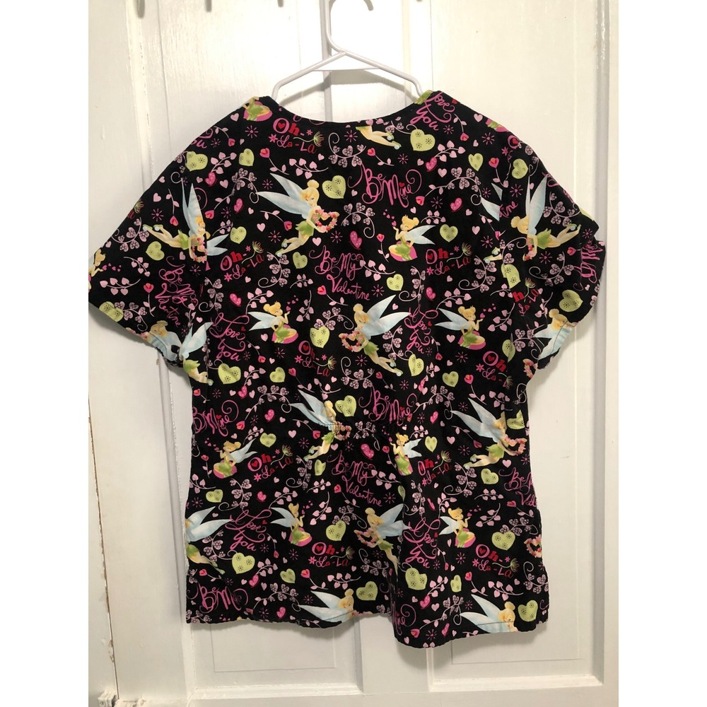 Disney Tinker Bell Fairy Valentine Love Scrub Top Hearts Black Pink Hearts L - Picture 7 of 9